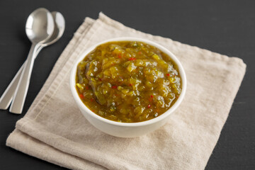 Homemade Sweet Pickle Relish in a Bowl, side view.