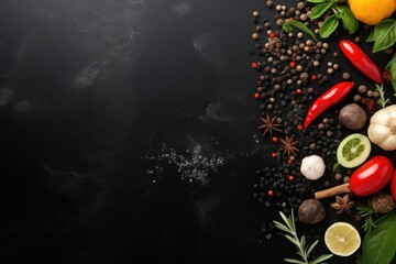 Obraz na płótnie Canvas Black stone cooking background. Spices and vegetables. Top view. Free space for your text.