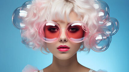 Obraz premium Portrait of young woman with white hair, pink futuristic sunglasses