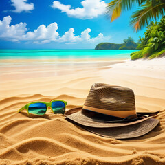 hat and sunglasses on sand beach , summer travel happy holiday Summer Holidays concept ,hat and sea on light by the beach , Copy space of summer vacation ,Generative AI