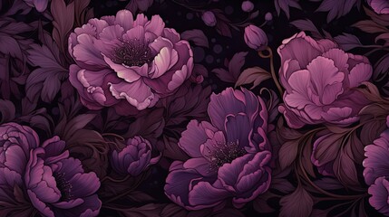 a horizontal, dark floral background in Purple tones with space for type in a Commercial-themed image as a JPG horizontal format. Generative AI