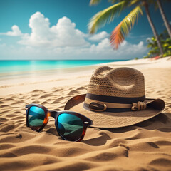 Fototapeta na wymiar hat and sunglasses on sand beach , summer travel happy holiday Summer Holidays concept ,hat and sea on light by the beach , Copy space of summer vacation ,Generative AI