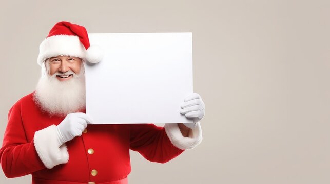 realistic image Smiling Santa Claus pointing on blank advertisement banner background with copy space, high quality, 16:9