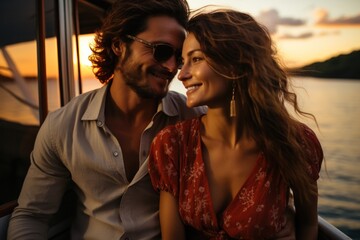 Couple in love sitting on yacht deck while sailing in the sea. Handsome man and beautiful woman having romantic date. Luxury travel concept.Sexy and expensive sleek vacation