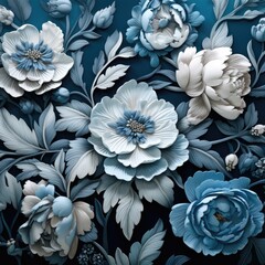 a horizontal format of a blue floral in a Mock-up and Commercial-themed, photorealistic illustrations in JPG. Generative ai