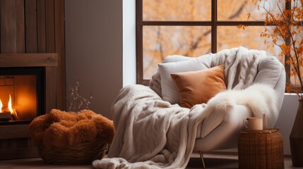 Modern cozy home atmosphere in autumn day. Fireplace, comfortable chair, blanket.