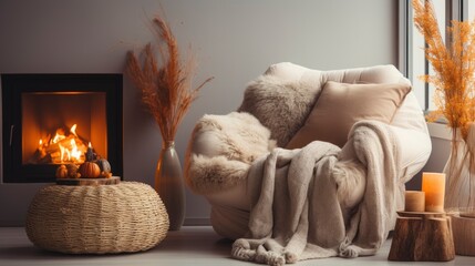 Modern cozy home atmosphere in autumn day. Fireplace, comfortable chair, blanket.