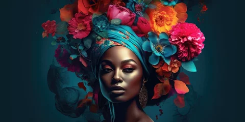 Tuinposter Black Woman dressed in floral headband with flowers on her head © Алина Бузунова