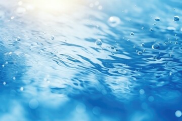 Naklejka na ściany i meble Blurred transparent blue colored clear calm water surface texture with splashes and bubbles. Trendy abstract nature background. Water waves in sunlight.