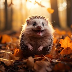 Smiling hedgehog in the forest, sitting on the leaves, autumn, golden hour.
