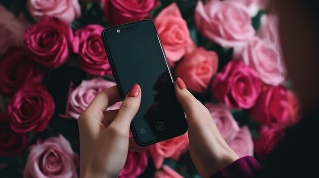 Ai generated. A woman holds a phone against the background of a bouquet of pink rose . Mockup of the phone. flower delivery. 