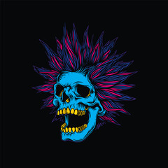 Original vector illustration. A blue skull with neon hair. T-shirt design, stickers, print.