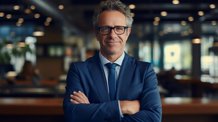 Fototapeta premium Happy middle aged business man ceo standing in office arms crossed