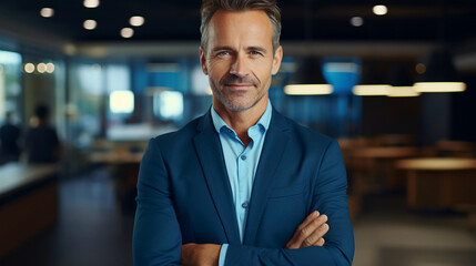 Fototapeta premium Happy middle aged business man ceo standing in office arms crossed