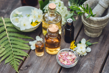 Natural beauty cosmetic skincare homemade products with pure essential oils, herbal extracts. Concept of organic ingredients in cosmetology, dermatology, body care treatment, massage