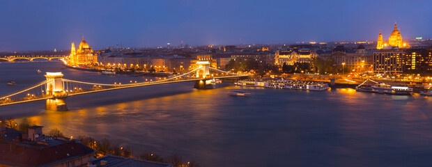 Image of night view of Budapest Chain Bridge over Danube and Hungarian Parliament