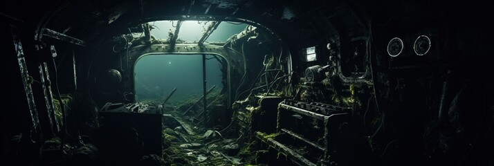 Beautiful Interior Design of a Ship Wreck Underwater on the Floor of the Ocean.