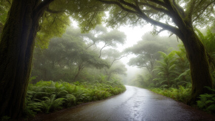 foggy misty wet road on the rain forest - Generative AI