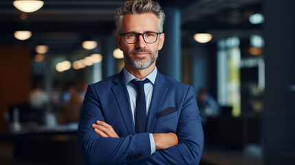 Fototapeta premium Happy middle aged business man ceo standing in office arms crossed