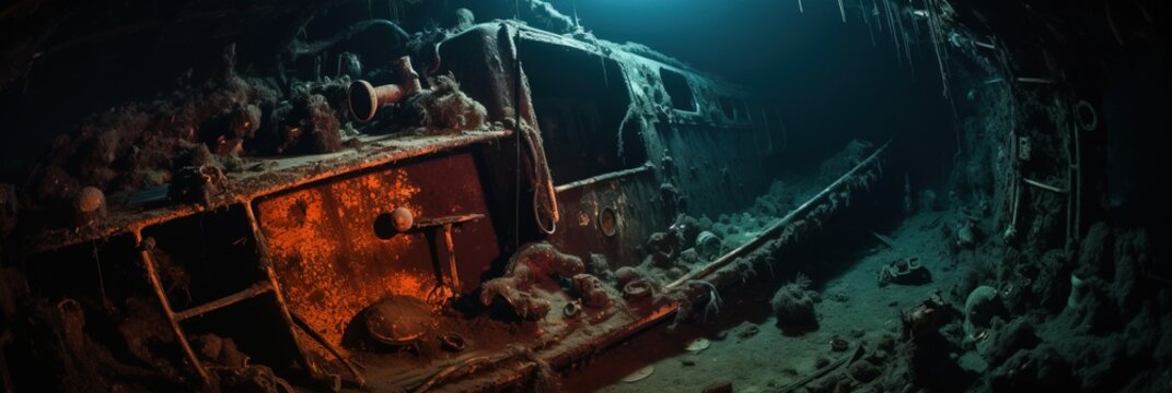 Beautiful Interior Design of a Ship Wreck Underwater on the Floor of the Ocean.
