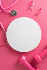 Proactive breast cancer awareness theme. Top view vertical shot of pink ribbon emblems,...