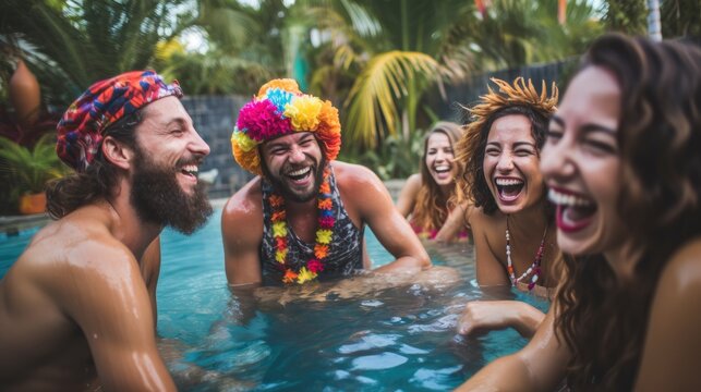 a Pool party with people laughing and having a fun time in a party-themed image as a JPG horizontal format. Generative AI