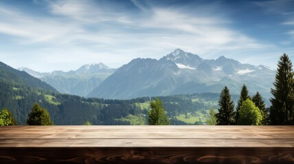 Wooden table top with blurred view of mountain landscape in the background created with Generative AI