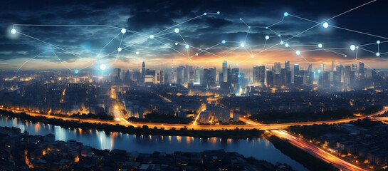 Cityscape with graphic of network concept, Bangkok, Thailand