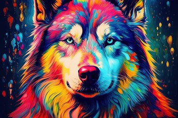 Fototapeta premium Multi coloured illustration art, the head of a husky dog painted with with splashes and splatters of paint