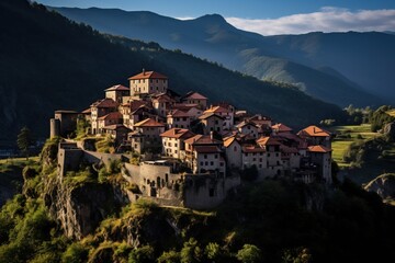 Obraz premium A Tiny Village seen from Drone in the Medieval Style: A Village over the Rocks of a Cliff.