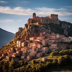 Obraz premium A Tiny Village seen from Drone in the Medieval Style: A Village over the Rocks of a Cliff.