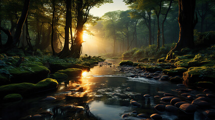 Magic forest in fog and stream. Created with Generative AI