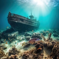 Huge Wreck of a Ship Destroyed located on the Floor of the Ocean.
