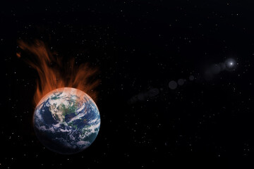 Burning planet Earth in flames in black space and shining sun in the background. 3D Rendering Illustration Global Warming political concept idea in 8K resolution