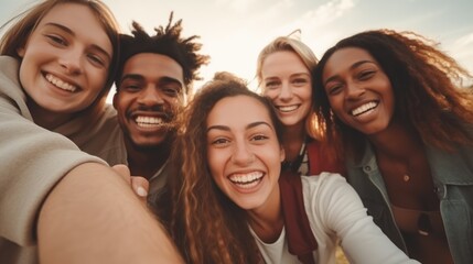 Obraz premium A group of young people friends of different nationalities taking selfies and smiling. Portrait, close-up. Group photo
