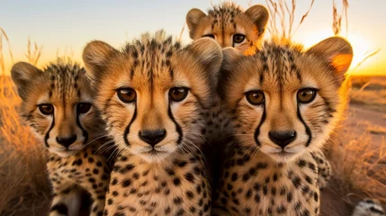 Foto op Aluminium a group of young small teenage cheetahs wild big cats curiously looking straight into the camera, golden hour photo, ultra wide angle lens. © Romana