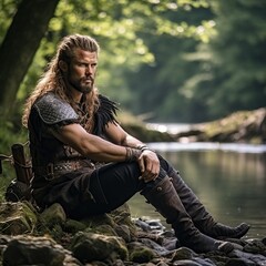 A Big Viking Resting near a Lake after Fighting.
