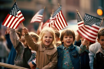 group of children waving an american flag