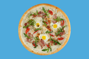 pizza with bacon, scrambled eggs, cheese and tomatoes on a blue background, studio shot  1
