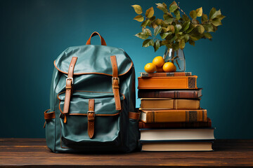 Full school backpack with books isolated on blue background with copy space. AI generative - obrazy, fototapety, plakaty
