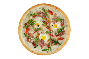 pizza with bacon, scrambled eggs, cheese and tomatoes on a white background, studio shot 1