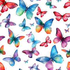 Watercolor multicolored butterflies illustration on white background, seamless pattern.