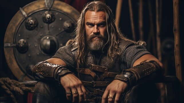 Vikings, Beautiful Man dressed with Medieval Clothes, Long Hair.