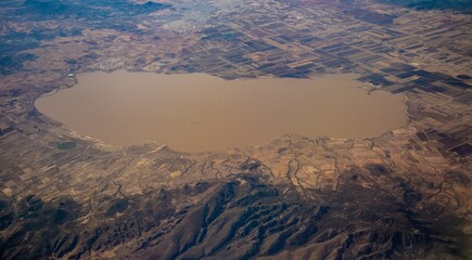 An aerial view of the Lake Laguna de Bustillos near Chihuahua, Mexico