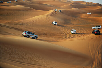 The Dubai desert trip in off-road car is major tourists attraction in Dubai, UAE - 632759138