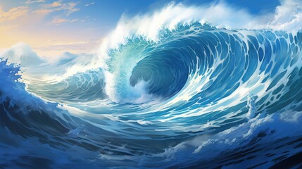 Tsunami. This illustration shows a huge tsunami wave sweeping away everything in its path. It is approaching the shore with extreme force. Anime art style