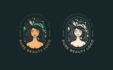Logo for business in the industry of pure beauty, spa, health, personal hygiene. Beautiful image of floral woman face. Logo of a beauty salon, vegan cafe, health industry, makeup artist