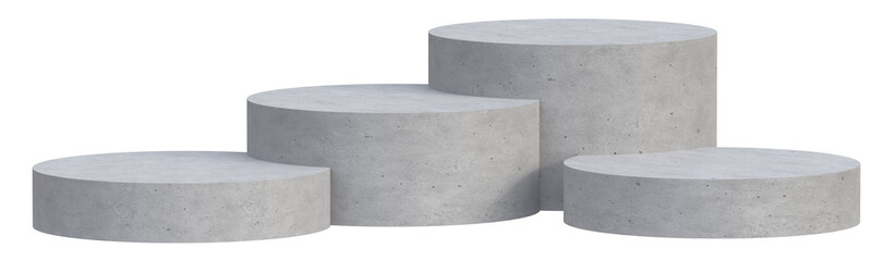Four concrete stone podiums for product presentation isolated on transparent background