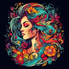 Flower Power Woman Clip Art or T-Shirt Design illustration