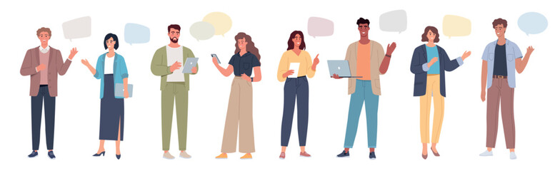 Modern people characters design communicate and use various gadgets for connection online